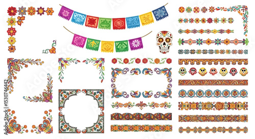 Vibrant Mexican Floral and Skull Design Elements Frames, Borders, Banners, and More