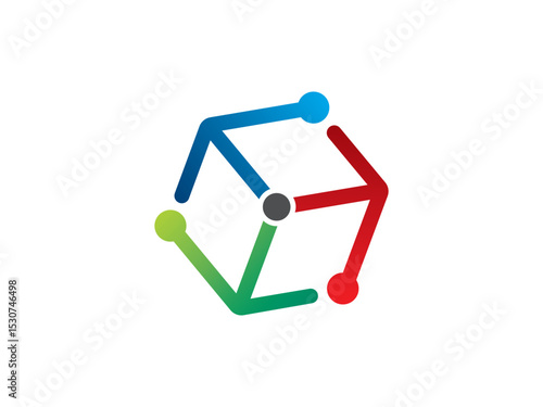 A vibrant abstract logo design featuring a cube interconnected by lines and nodes, symbolizing network, connection, and technology.  