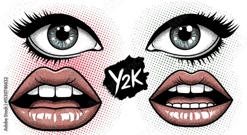 Y2K Pop Art Style Eyes and Lips Illustration