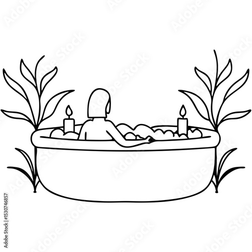 Woman relaxing in spa tub with candles and plants. Person enjoys peaceful spa retreat, surrounded by nature's tranquility. This line art illustration is perfect for wellness brochures.