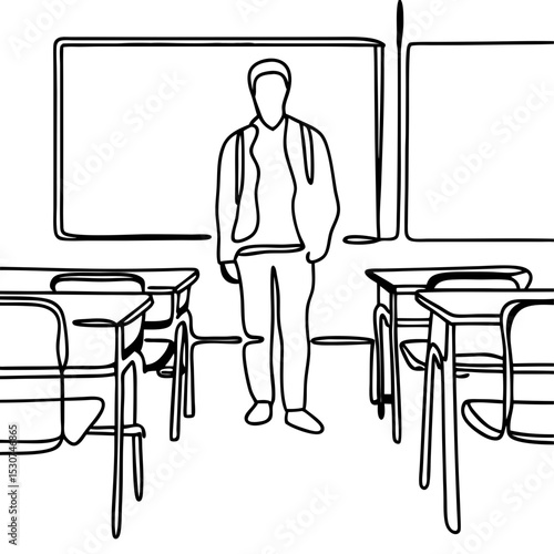Person standing in school classroom, simple line art illustration.  Student or teacher in empty classroom with desks and chalkboard.  Line drawing of person in educational setting,