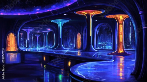 Fototapeta Naklejka Na Ścianę i Meble -  Futuristic, glowing, interior, with vibrant colors and lights, overlooking a city at night