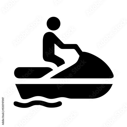 Jet Ski Rider Icon – Water Sports Silhouette: Black icon of a person riding a jet ski, symbolizing speed, adventure, and water sport excitement.