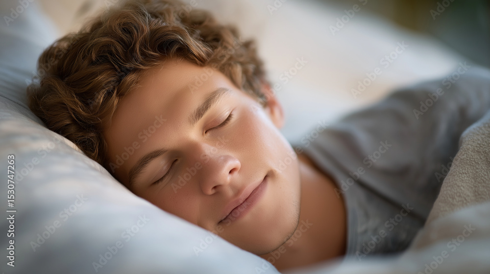A young man sleeping peacefully on a bed with soft light A young man sleeping peacefully on a bed with soft light