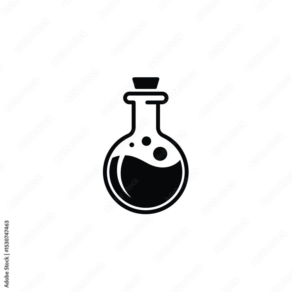Black and White Icon of Round Glass Flask with Stopper and Liquid Black and White Icon of Round Glass Flask with Stopper and Liquid