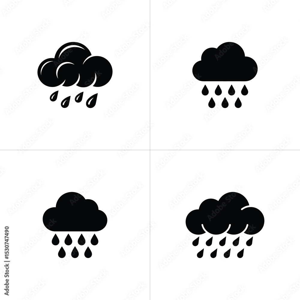 Black and White Icons Depicting Rainy Clouds with Various Styles of Raindrops Falling Down Black and White Icons Depicting Rainy Clouds with Various Styles of Raindrops Falling Down