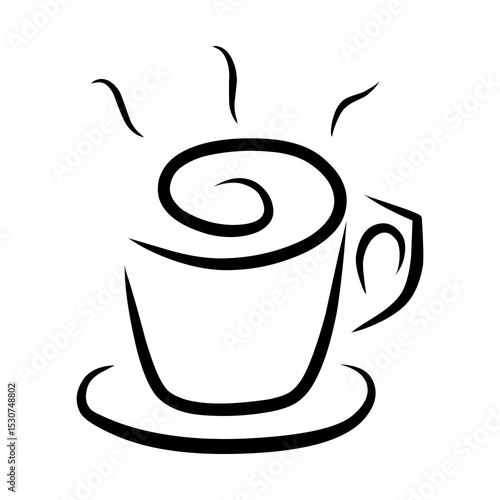 Minimalist black line art illustration of a steaming hot cup of coffee. Simple vector drawing featuring a cup, saucer, and swirling steam, perfect for cafe logos, coffee shop branding, product labels