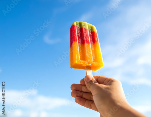 Colorful fruit popsicle held against a bright blue sky, capturing a refreshing summer treat moment.