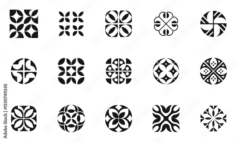A collection of intricate black and white abstract logos, showcasing geometric designs with curves and shapes that evoke a modern artistic feel. A collection of intricate black and white abstract logos, showcasing geometric designs with curves and shapes that evoke a modern artistic feel.