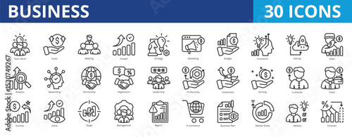Business icon pack collection set for corporate management. With teamwork, profit, meeting, growth, strategy, marketing, innovation, startup, sales, analysis, partnership, and leadership icon