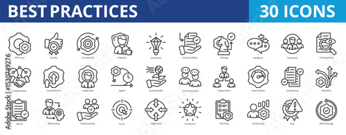 Best practices icon pack collection set for business operations and management. With efficiency, quality, consistency, integrity, innovation, accountability, strategy, feedback, and teamwork icon