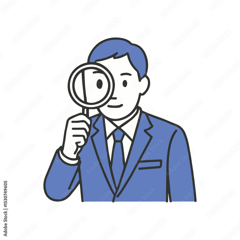 Minimalist vector illustration of a businessman in a suit holding a magnifying glass, symbolizing analysis, inspection, investigation, job search, or business review process Minimalist vector illustration of a businessman in a suit holding a magnifying glass, symbolizing analysis, inspection, investigation, job search, or business review process