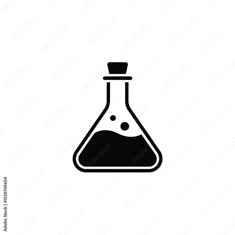 Black Silhouette of Laboratory Erlenmeyer Flask with Liquid and Stopper Illustration on White Background Black Silhouette of Laboratory Erlenmeyer Flask with Liquid and Stopper Illustration on White Background