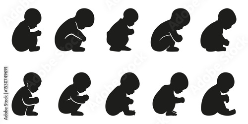 Baby Sitting Poses In Silhouette Set. Infant Development And Early Childhood Symbol Collection. Parenting And Educational Use. Isolated Vector Illustration