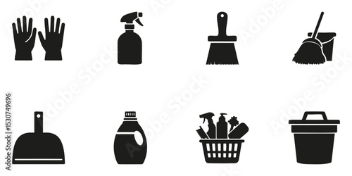 Cleaning Tools Silhouette Set. Household Cleaning And Maintenance Icon Collection. Domestic And Janitorial Use. Isolated Vector Illustration