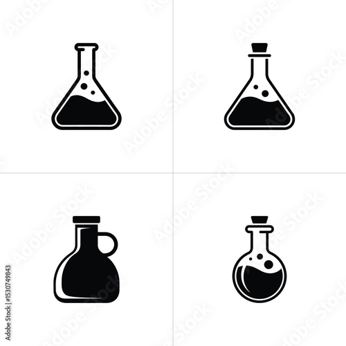 Collection of Black and White Laboratory Beaker Icons and Glass Bottle Illustrations on White