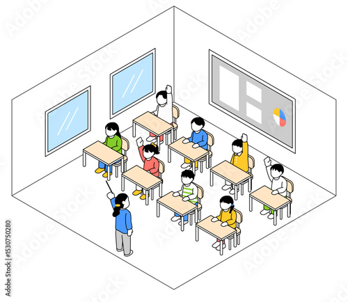 教室で授業を受けているアイソメイラスト　ベクター
