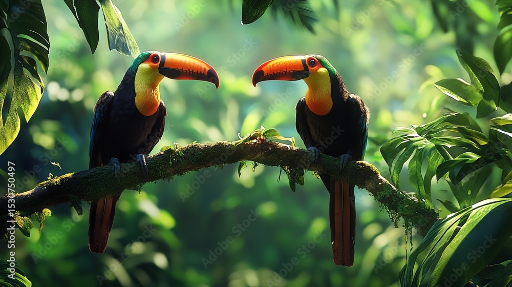 Fototapeta premium Two vibrant toucans perch on a rainforest branch, surrounded by lush foliage. A blurred background provides space for text. 