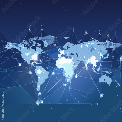 Digital world map with luminous data links connecting continents, symbolizing global networks, cloud systems, and fiber-optic communication over a city-lit night view-generative AI
