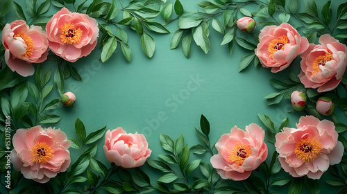 Beautiful arrangement of pink peonies and green foliage forming a floral frame.