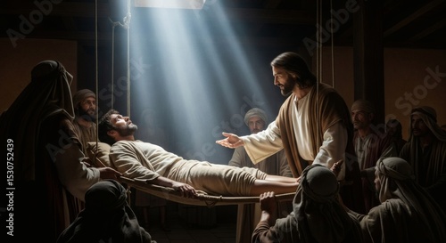 Jesus healing a paralytic man brought by friends in a house filled with people