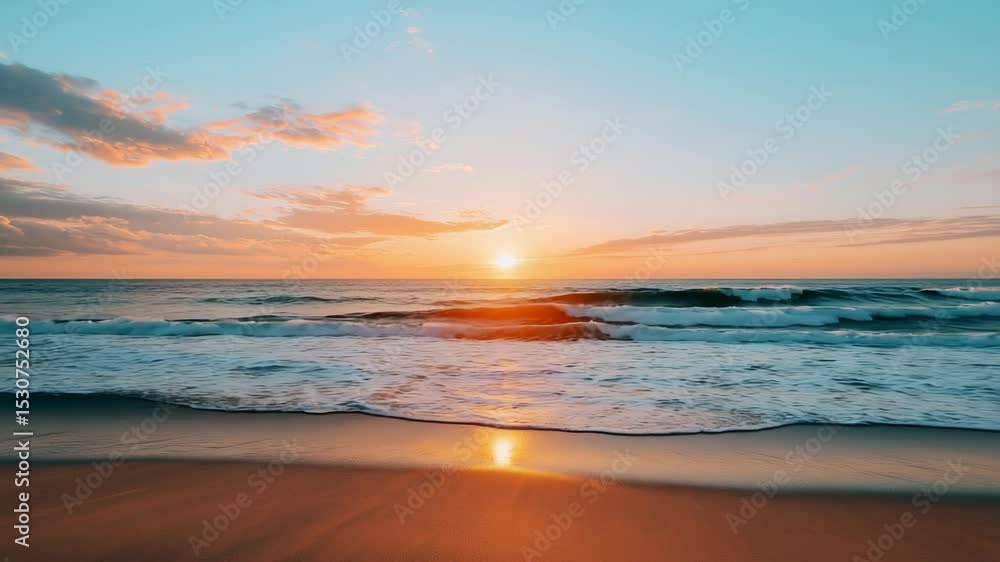 Waves gently lap against the sandy shore as the sun sets on the horizon, painting the sky with rich hues of orange and blue in a peaceful coastal paradise. Waves gently lap against the sandy shore as the sun sets on the horizon, painting the sky with rich hues of orange and blue in a peaceful coastal paradise.
