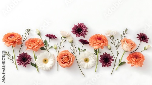 Elegant flat lay of peach and burgundy flowers on white background