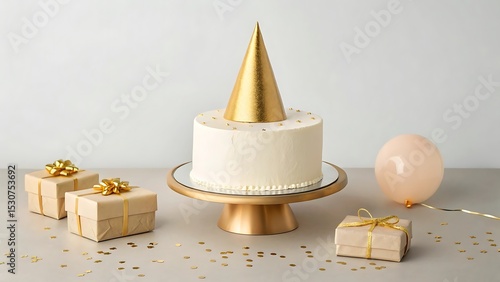 Elegant white birthday cake with gold cone and gifts