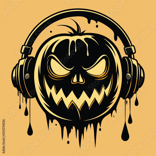 Spooky halloween pumpkin head wearing headphones with an angry expression and dripping effect