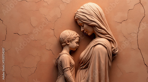 Clay sculpture of a mother with child against a cracked clay wall
