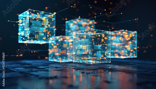 Abstract Digital Data Cubes with Glowing Connections Representing Blockchain Technology Artificial Intelligence and Data Processing with a Futuristic and Technological Aesthetic