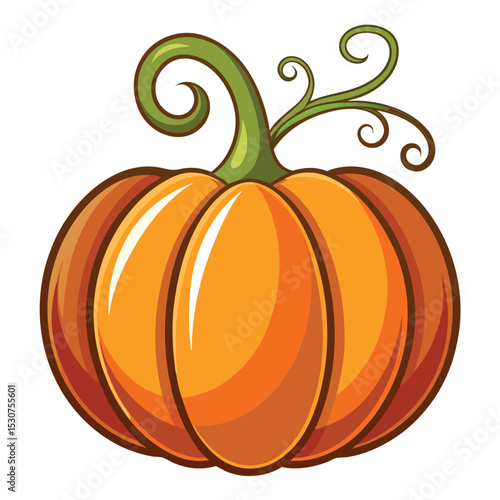 Vibrant cartoon pumpkin illustration featuring curly vines and warm autumnal colors