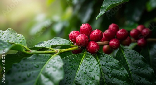 Ripe red coffee cheries on branch with green leaves