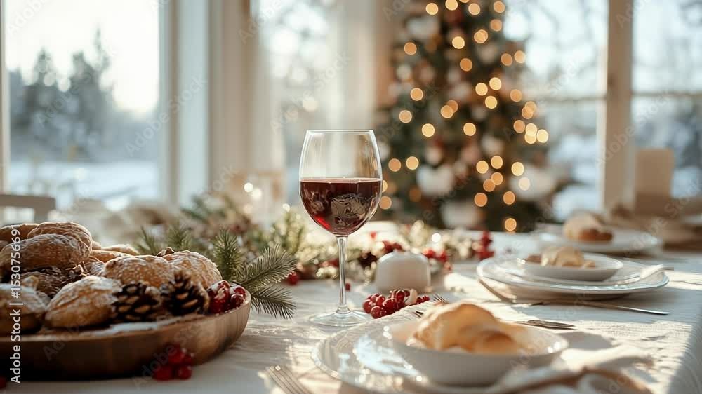 Enjoy a delightful winter gathering featuring a table laden with delicious pastries and a glass of red wine, all in front of a sparkling Christmas tree. Enjoy a delightful winter gathering featuring a table laden with delicious pastries and a glass of red wine, all in front of a sparkling Christmas tree.