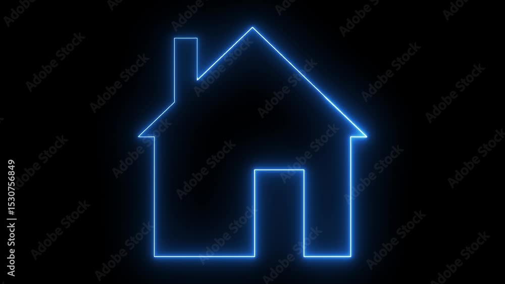 Home icon animation glowing neon blue color house apartment address sign symbol on black background Home icon animation glowing neon blue color house apartment address sign symbol on black background