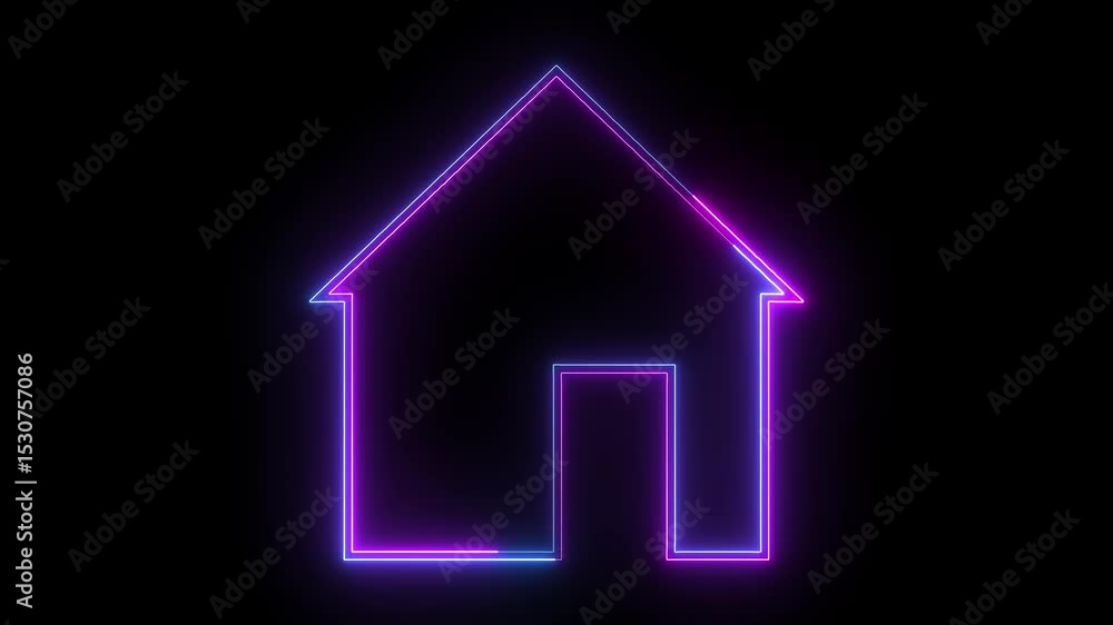 Home icon animation glowing neon pink and blue color house apartment address sign symbol on black background Home icon animation glowing neon pink and blue color house apartment address sign symbol on black background