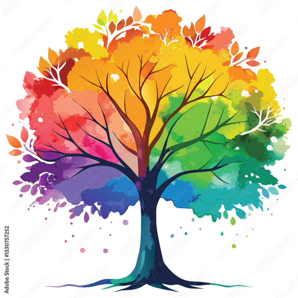Fototapeta premium Watercolor illustration of a vibrant colorful tree with rainbow colored leaves and branches