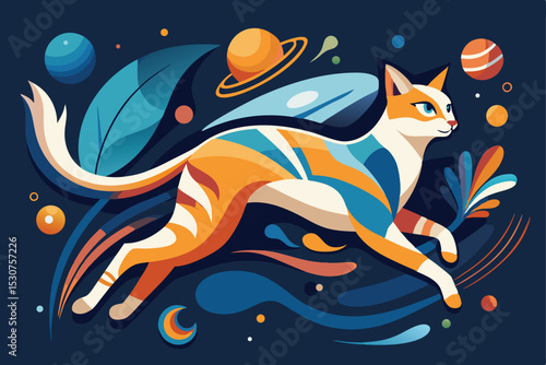 Whimsical cat in space abstract illustration with planets leaves and playful colorful design
