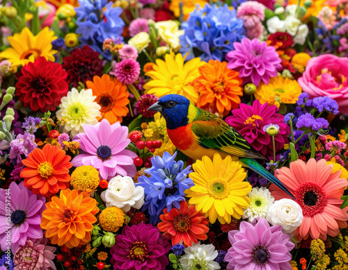 A vividly colored parrot perches gracefully among a dense arrangement of blooming flowers, creating a striking contrast between the vibrant feathers and the multicolored petals surrounding it.