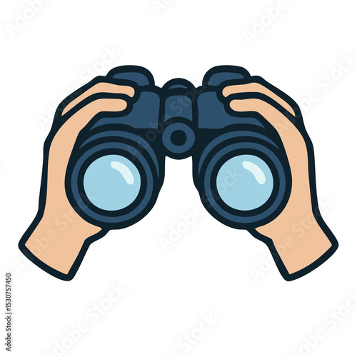 Vector icon of hands holding binoculars, representing sightseeing and adventure.

