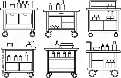Set of Home bar cart outline vector illustration, line art
