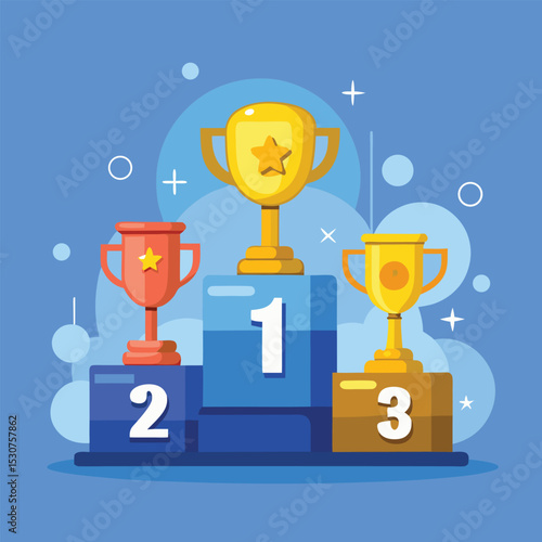 Winning awards and achievements represented by golden trophies on a podium for first place