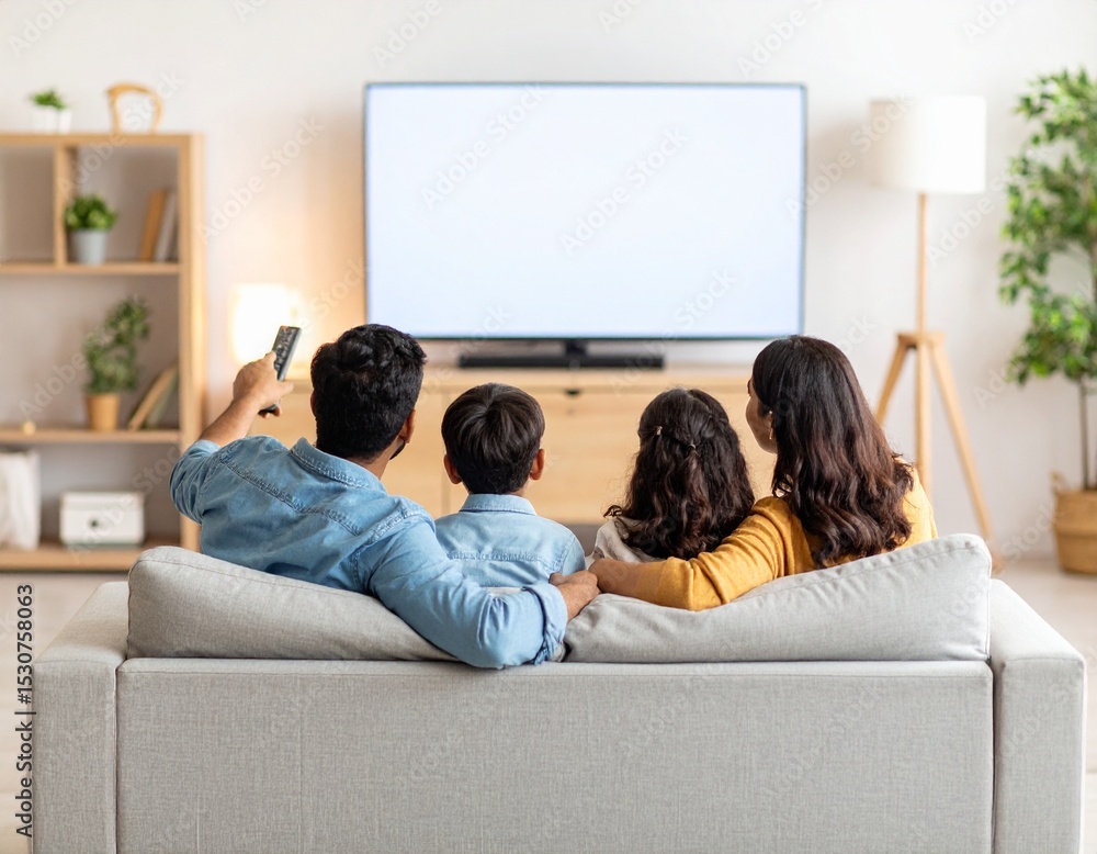 Fototapeta premium Indian father, mother, and two kids watching TV together in a cozy living room