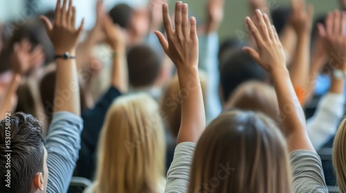 Audience raising hands in a meeting