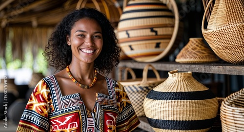 Smiling woman in tapaprint dress standing beside handwoven baskets Fiji culture concept