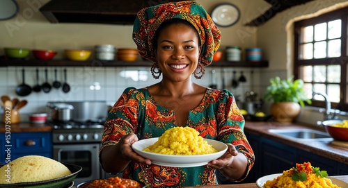 Smiling woman serving pap and chakalaka in homestead kitchen South African culture concept