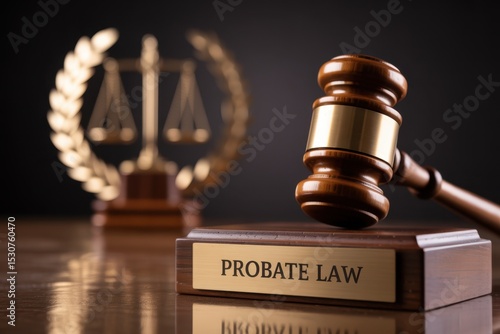 Wooden gavel and probate law sign on a table.