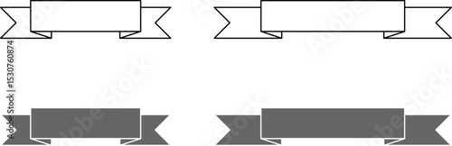 Decorative Folded Black and White Short and Long Ribbon Banner Symbol Icon Set with Empty Space for Text. Vector Image.