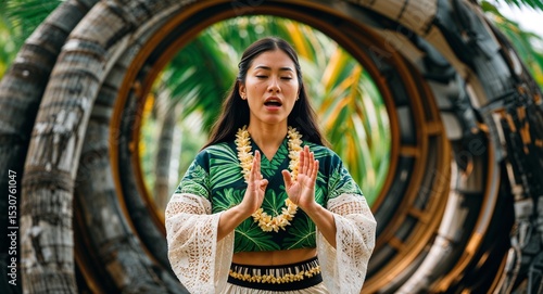 Young woman performing chant in traditional attire near palm trunk arch Hawaiian culture concept