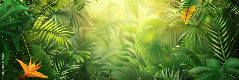 Fototapeta premium Lush tropical paradise with sunlight filtering through dense green foliage. Horizontal banner. Copy space. Summer background